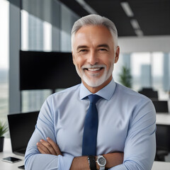 portrait of successful senior businessman consultant looking at camera and smiling inside modern office