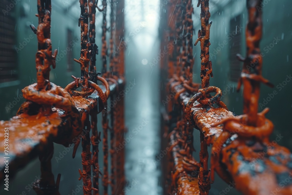 Poster close-up of decrepit rust-covered chains with rainwater droplets, highlighted by a mysterious backli
