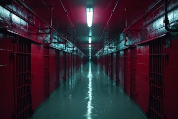 Fototapeta premium This haunting image captures an empty prison corridor bathed in red light with a glossy wet floor reflecting the grim environment
