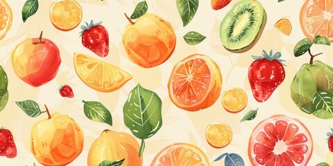 A colorful painting of various fruits including apples, oranges, and kiwis