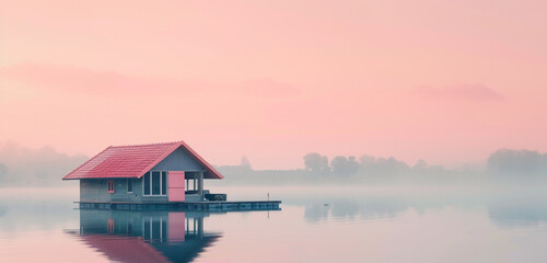 Close exterior view of a colorful boathouse on a calm lake at dawn, background color: peach - obrazy, fototapety, plakaty