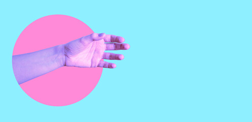 Art collage, the Young woman's hand points to the side of a copy of the blank space for text and design.