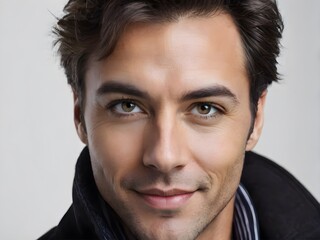 Naklejka premium Portrait of handsome smiling man with expressive brown eyes, looking at camera