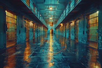 The chilling, blue-hued image of a prison corridor at night, with closed cells on either side, conveys a feeling of solitude