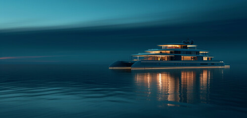 Close exterior view of a luxury yacht house on the open sea at twilight, background color: deep sea blue