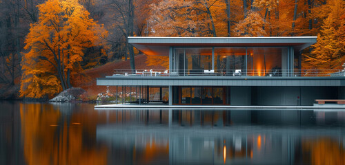 Close exterior view of a modern glass house overlooking a serene lake, surrounded by autumn trees, background color: deep amber - obrazy, fototapety, plakaty