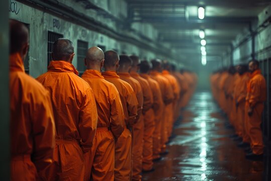 An ominous lineup of prisoners in orange jumpsuits facing a prison wall, signifying order and control within the facility