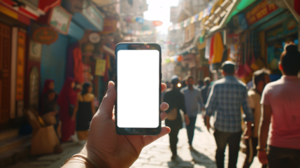 a curious tourist stands clutching a smartphone with a blank, white screen in a foreign city 