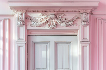 Close view of a Victorian door surround with millwork and a transom window against a blush pink background - obrazy, fototapety, plakaty