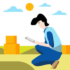 A farmer utilizes digital technology to plan plantation statistics during the day.