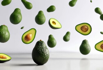 Many fresh organic avocado fly in the air on white background. Levitation Avocado clipping path.Vegetarian food concept.