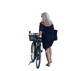 Elegant woman with bicycle on white background