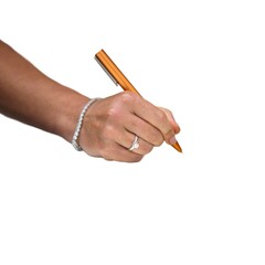 Hand holding pencil on white background