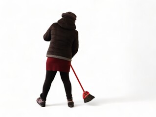 Person sweeping floor with red broom on white background