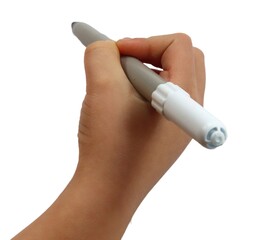Close-up of hand holding white marker on white background
