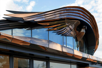 Contemporary design mirroring the shape of an eagle's wings with home automation in a close...