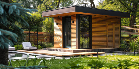 Modern Freestanding Bathhouse in Greenery. An architectural close-up of a contemporary bathhouse with wooden slats in country house exterior.