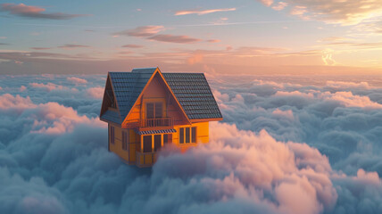 Cozy, orange-themed attic apartment exterior, floating among silver-lined clouds at dusk