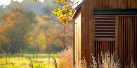 Modern Freestanding Bathhouse in Greenery. An architectural close-up of a contemporary bathhouse with wooden slats in country house exterior. - Powered by Adobe