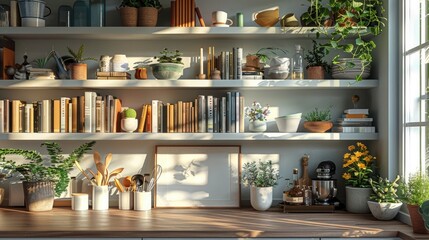 A typical shelving in a house setting. Generative AI. - 753783499