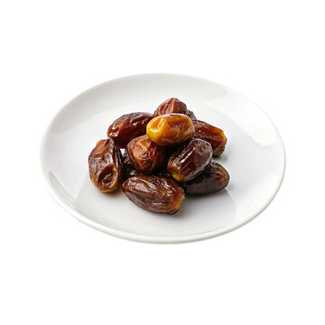 Dates fruit in a plate isolated on transparent background. Top view.