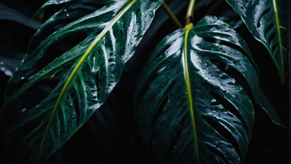 Textured allure of abstract onyx leaves for a sophisticated tropical backdrop. Dark nature concept, tropical leaf.