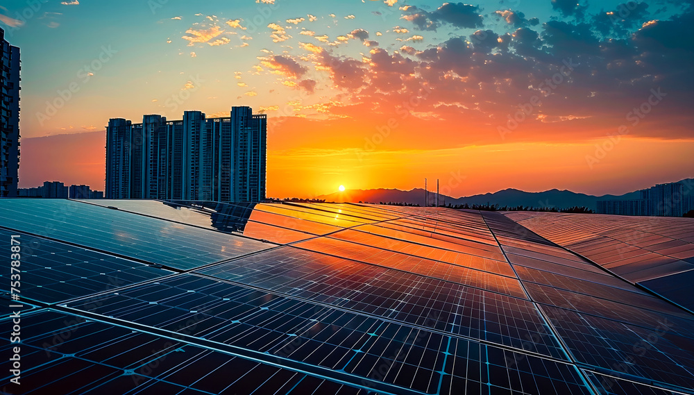 Poster solar panels with the rising sun, and a building behind it. generative ai.