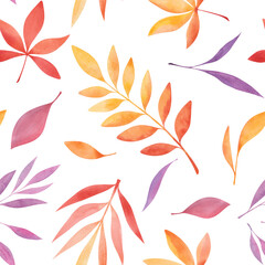 Seamless pattern of multicolored autumn leaves, watercolor botanical illustration, hand-drawn. Pattern template for design, decoration, fabric, wrapping paper. Bright falling autumn foliage.