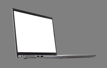 white mock up on laptop screen isolated on grey background side view