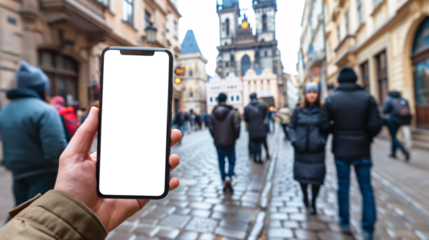 a curious tourist stands clutching a smartphone with a blank, white screen in a foreign city 