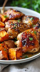 Honey Mustard Glazed Chicken Thighs with Roasted Sweet Potatoes. Food Illustration
