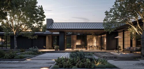 A sleek one-story traditional villa with black walls and dark grey features, surrounded by a...