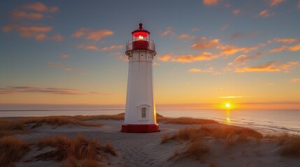 Soothing Sunset Glow Surrounds Coastal Lighthouse Against Rocky Landscape by the Ocean, a Tower of Safety and Navigation Amidst Nature's Beauty