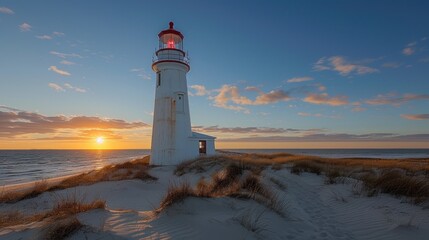white and red lighthouse standing on dunes 