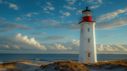 Fototapeta na wymiar Seaside Lighthouse Tower in State Country: A white beacon on the coast, guiding ships with its light, surrounded by the vast sea, sky, and scenic landscape