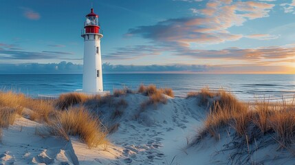 Seaside Beacon: A white lighthouse stands tall on the coast, guiding ships with its bright light, framed by the vast ocean, blue sky, and sandy shore