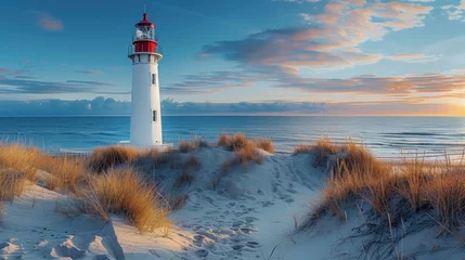 Foto op Plexiglas Seaside Beacon: A white lighthouse stands tall on the coast, guiding ships with its bright light, framed by the vast ocean, blue sky, and sandy shore © Jeeraphat