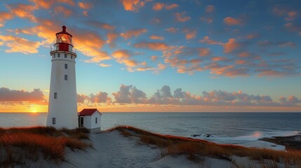 Sunset Serenity: Majestic lighthouse stands tall on the coast, casting a warm glow over the tranquil sea, surrounded by a canvas of blue skies, fluffy clouds, and gentle waves