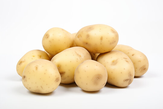 Freshly harvested, raw potatoes piled on a clean white background, ideal for food and agriculture themes