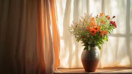 a vase of flowers sitting on a window sill in front of a window with a curtain in the background.