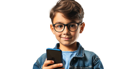 Intellectual Boy Holding a Mobile Device on a transparent background