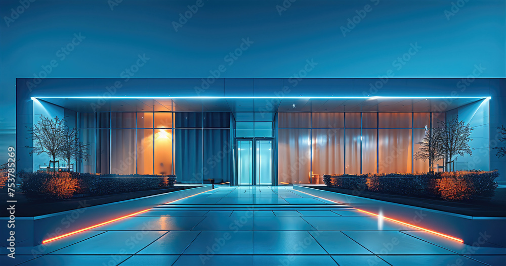 Poster Clean modern minimal building at night. Generative AI.