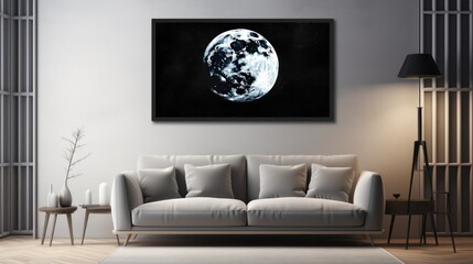a living room with a couch and a painting of the moon in the middle of the room on the wall.
