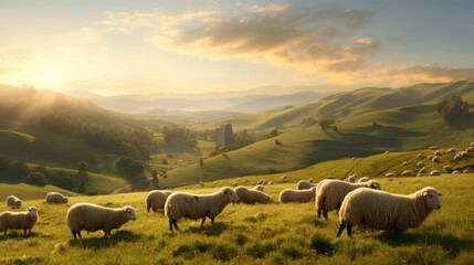 a herd of sheep standing on top of a lush green field next to a lush green hillside under a cloudy sky.