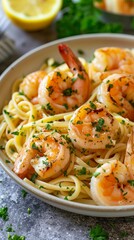 Lemon Garlic Butter Shrimp Scampi with Linguine.  Food Illustration