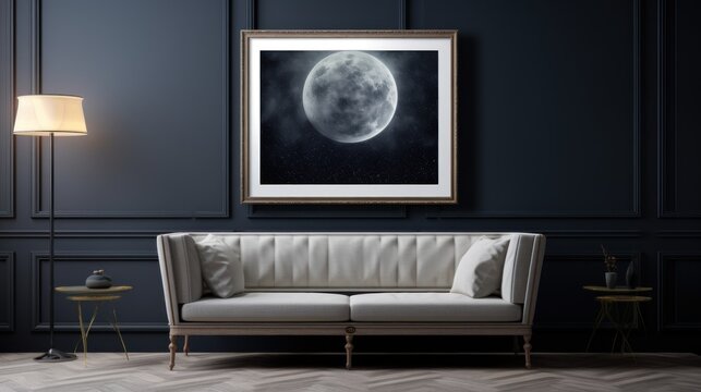 a living room with a couch, lamp and a picture frame hanging on the wall above the couch is a picture of the moon.