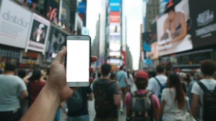 a curious tourist stands clutching a smartphone with a blank, white screen in a foreign city 
