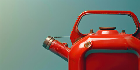 Red Gas can on a simple Background with copy space. Close-up view of gasoline metallic container with a handle and valve. - obrazy, fototapety, plakaty