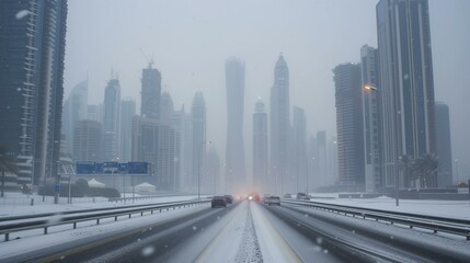 Fototapeta premium Snowy Cityscape with Skyscrapers and Highway
