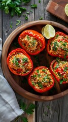 Mediterranean Stuffed Bell Peppers with Ground Turkey and Couscous.  Food Illustration
